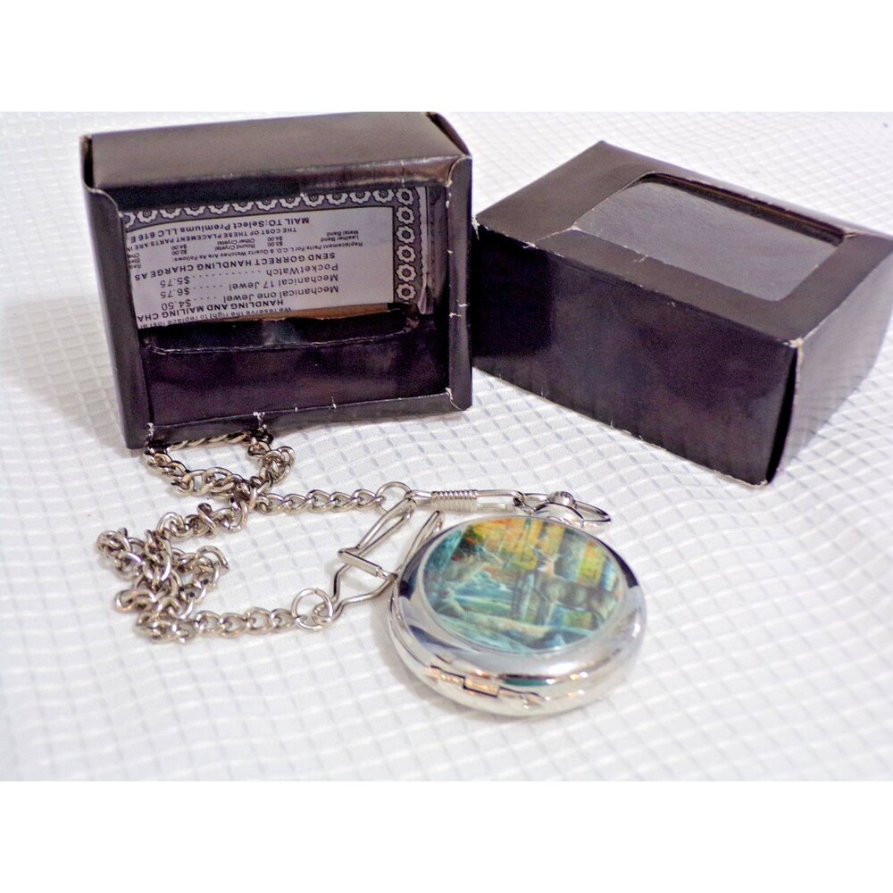 Hanslin Pocket Watch  With‎ Chain Two Deer in the Woods 14" Chain Working NOS